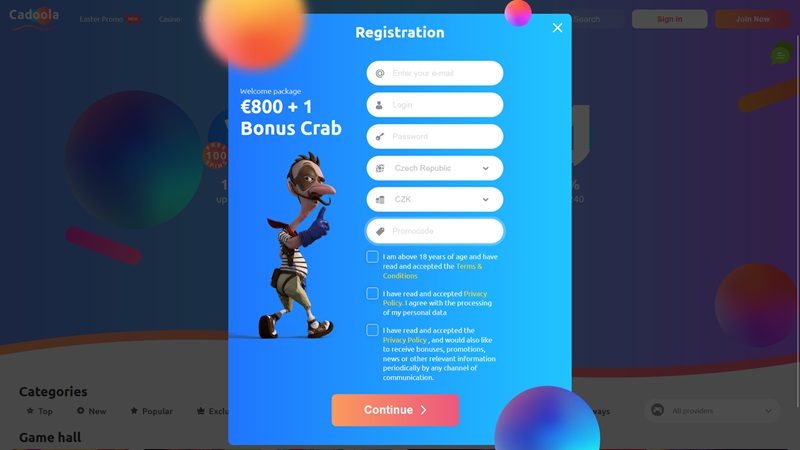 Registro en el casino Cadoola