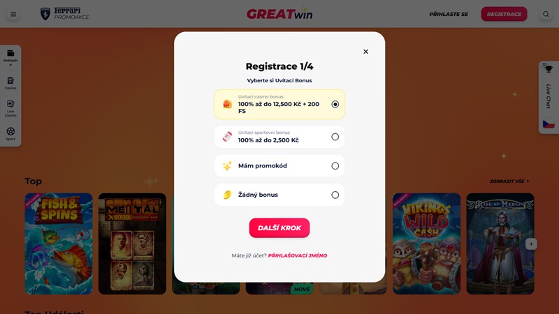 Registro en el casino GreatWin