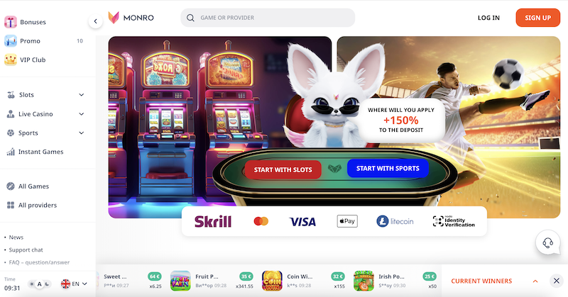 Domovská stránka platformy Monro Casino