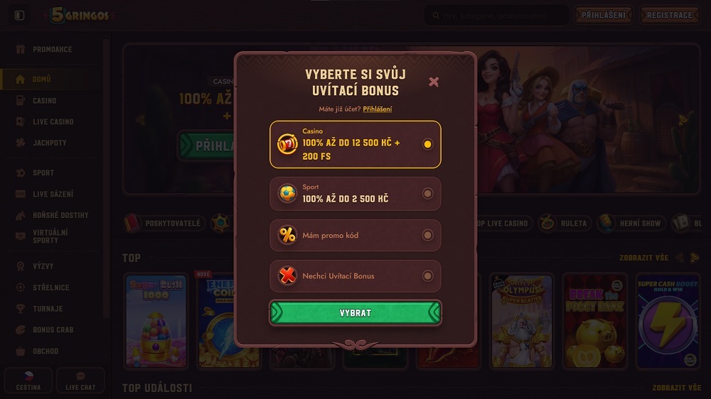 Vista previa de la selección de bonos de entrada al registrarse en el casino online y la casa de apuestas 5Gringos 