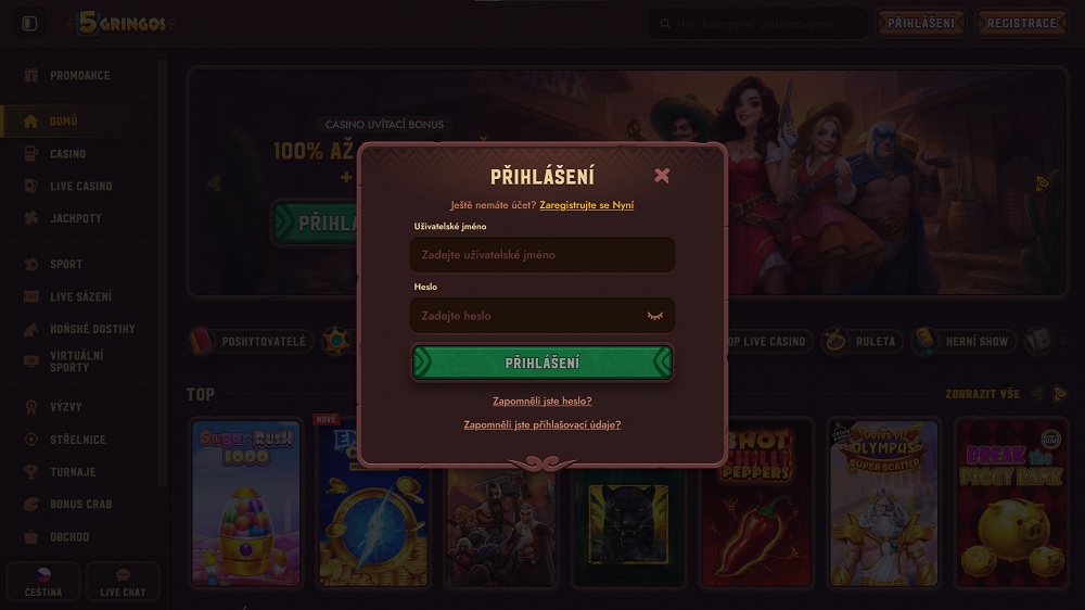 Vista previa del formulario de inicio de sesión en el casino online y la casa de apuestas 5Gringos