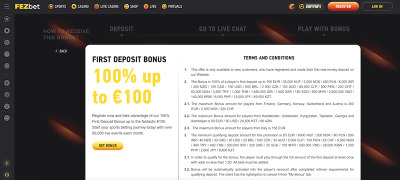 FEZbet – Bono por el primero depósito de 100 €
