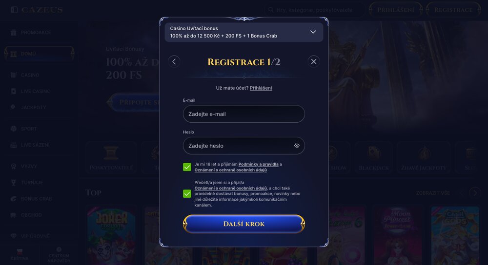 Registro en el casino Cazeus