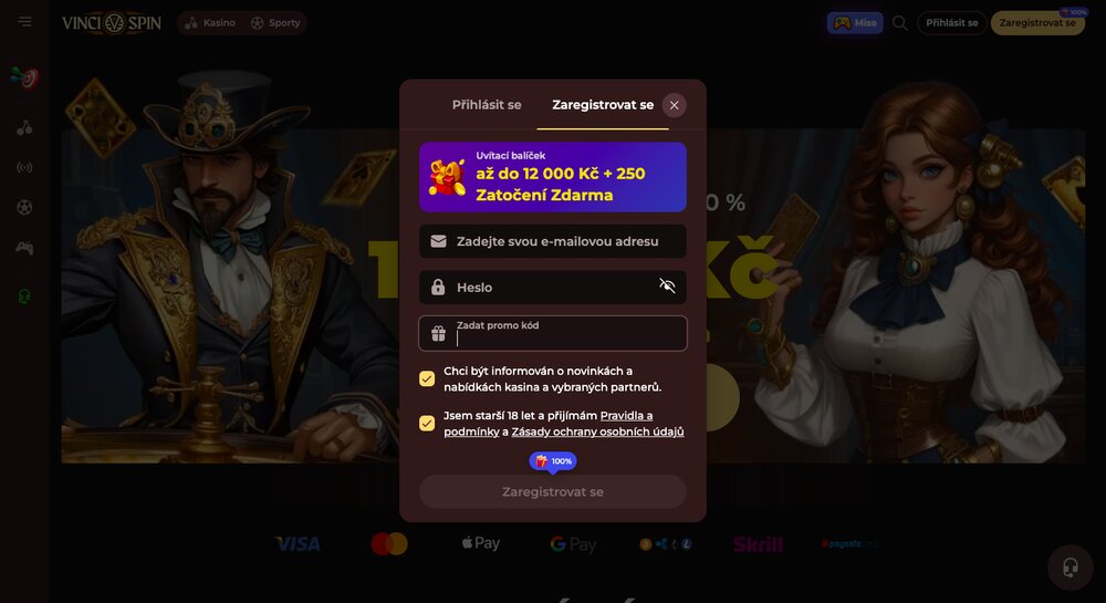 Registro en el casino Vinci Spin e introducción del código promocional