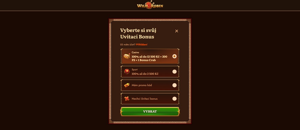 Ventana de registro del casino Wild Robin