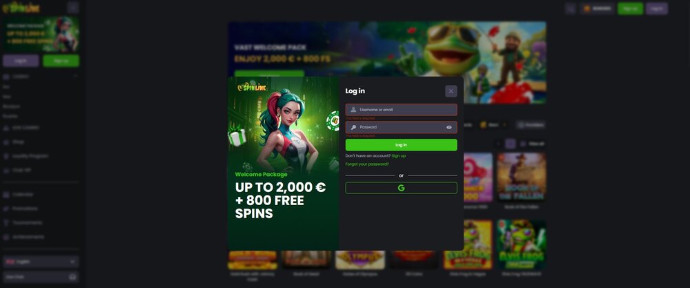 Inicio de sesión en el casino Spinline