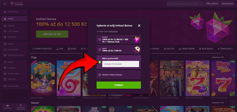 Código promocional de Malina Casino