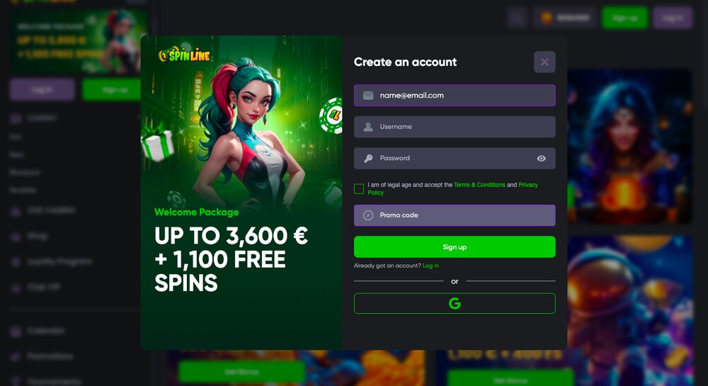 Registro en el casino Spinline con código promocional