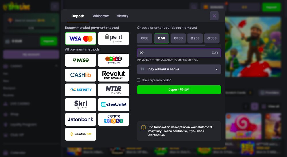 Opciones de depósito en Spinline