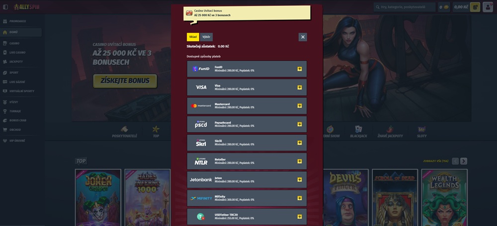 Allyspin vklad a výběr peněz