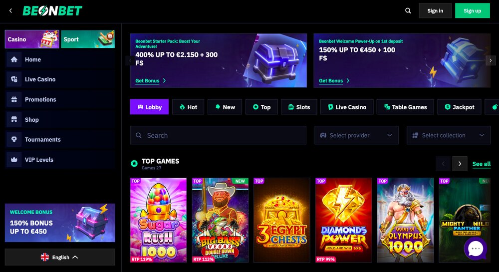 Página de inicio del casino BeonBet