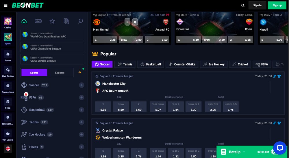 Oferta de apuestas de BeonBet