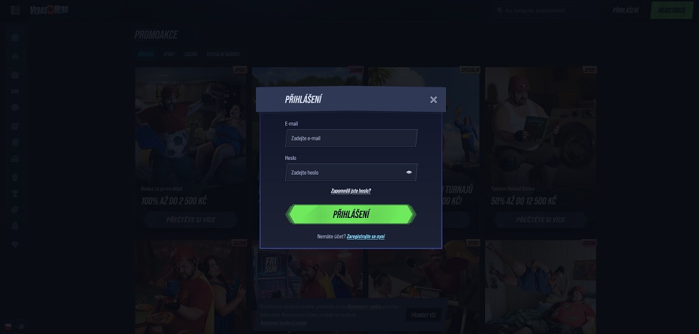 Vista previa del formulario de inicio de sesión en el casino online y la casa de apuestas VegasHero