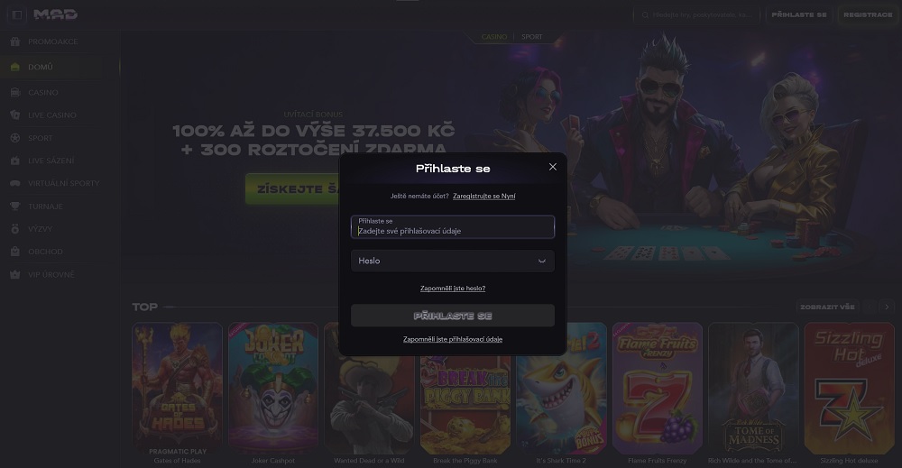 Vista previa del formulario de inicio de sesión en el casino online y la casa de apuestas MadCasino