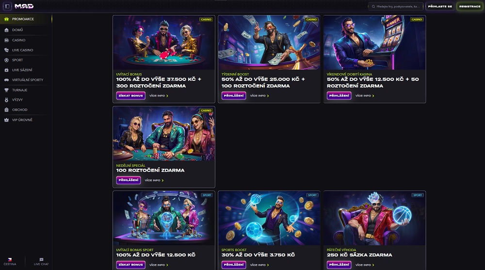 Vista de las bonificaciones y promociones en el casino online y la casa de apuestas MadCasino