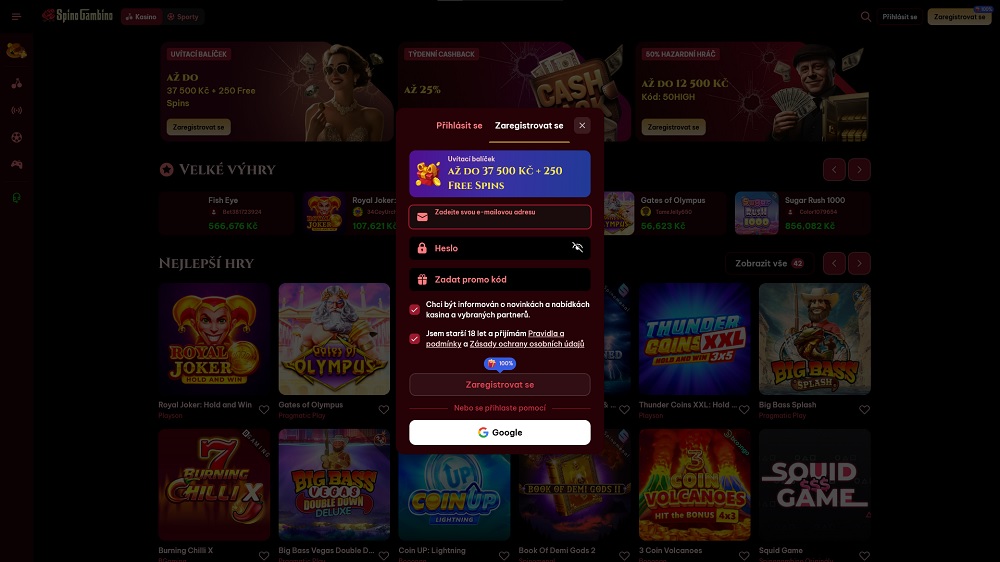 Vista previa del formulario de registro en el casino online SpinoGambino
