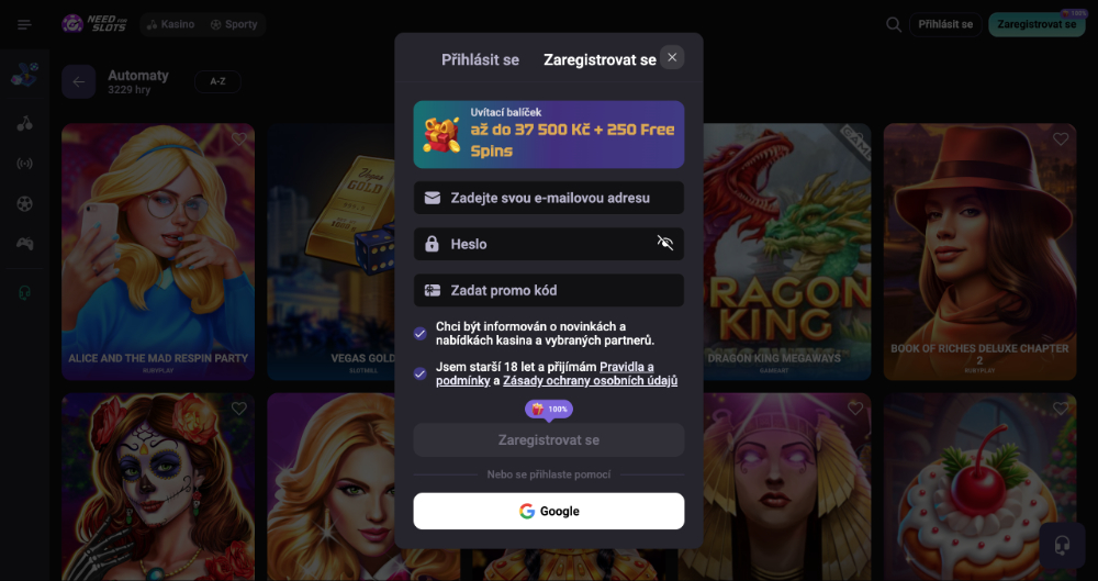 Vista previa del formulario de registro con campo para código promocional en el casino online NeedforSlots