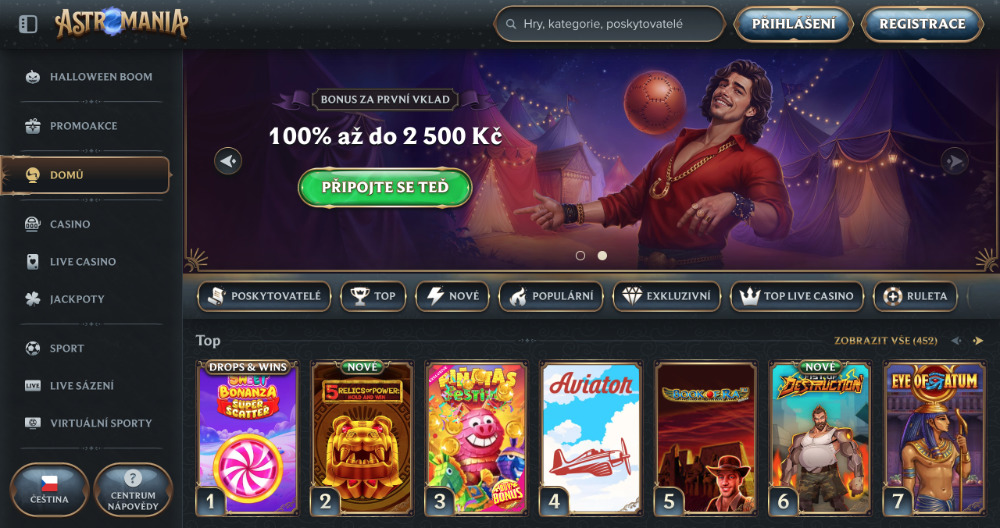 Pantalla de inicio del casino AstroMania