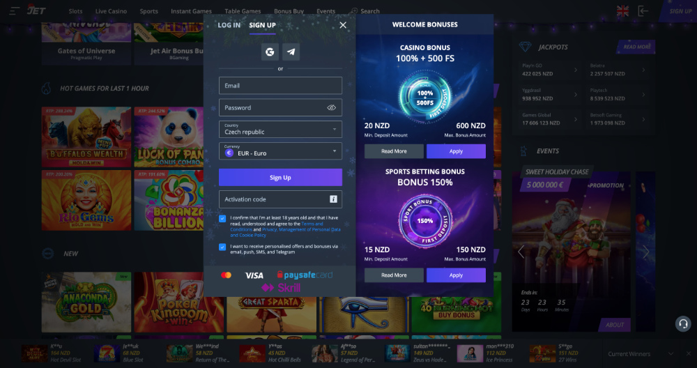Código promocional en el casino JET