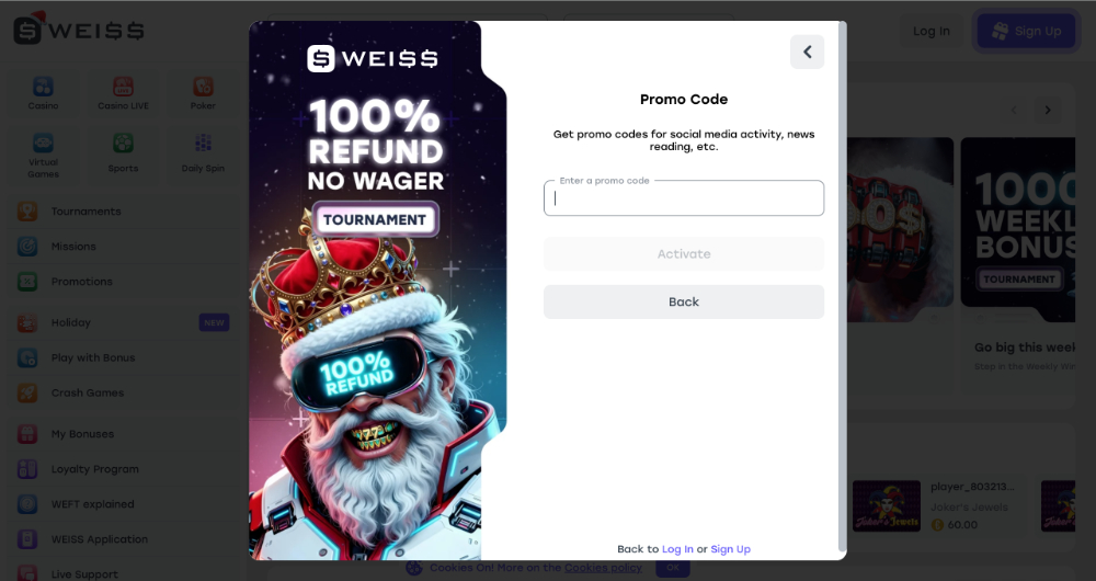 Código promocional en el casino Weiss