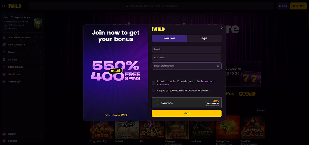 introducción del código promocional de iWild casino